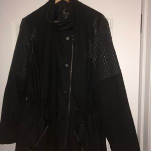 Black wool coat with leather trim